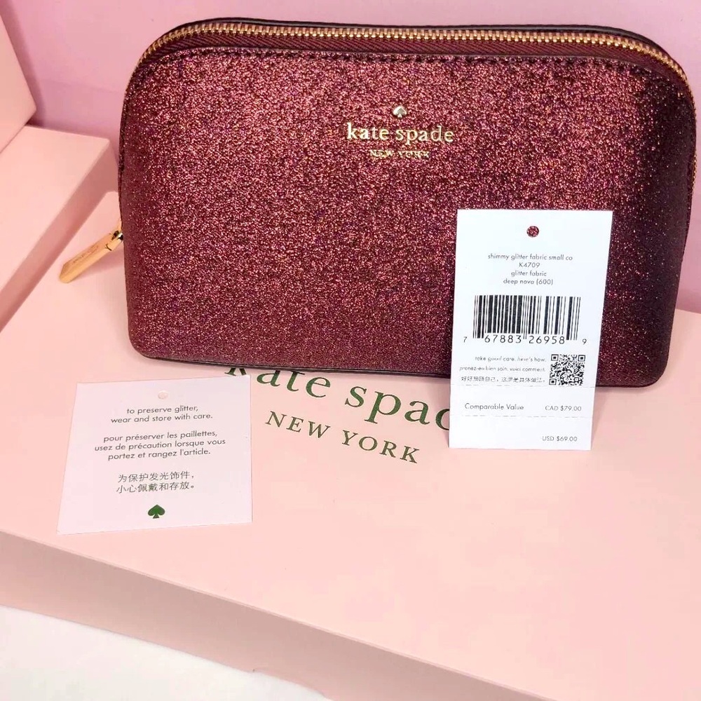 New Kate Spade Shimmy Glitter Fabric Small Cosmetic Bag K4709 Deep Nova